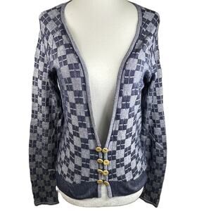 HWR‎ Anthropologie Cardigan Small Navy Gray Checkerboard Silk Cotton Blend